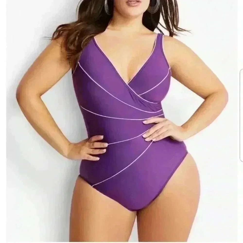 Miraclesuit Womens Horizon Swimsuit Sz 16 One Piece Papaya Orange White Piping